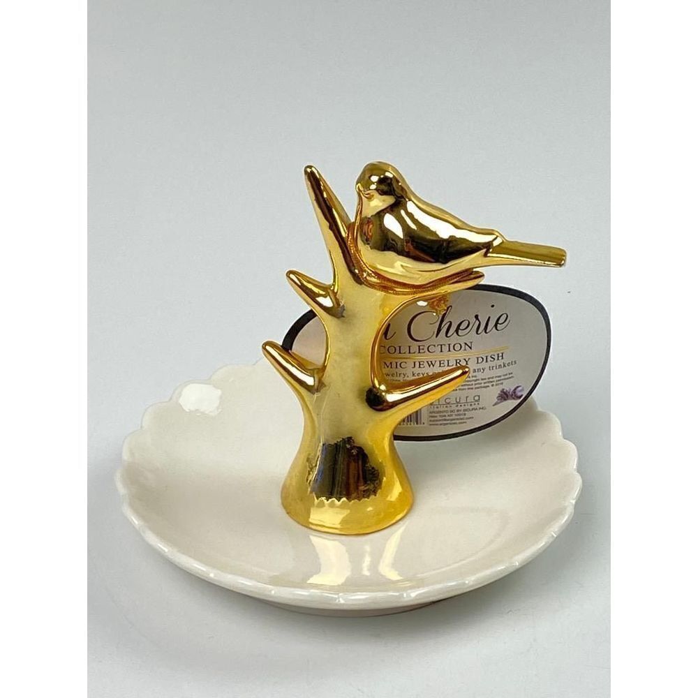 Sicura Qui Cherie Collection Ceramic Bird Jewelry Trinket Dish Small Gold White
